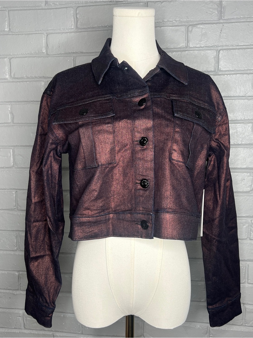Juicy Couture Women’s Metallic Bronze/Plum Cropped Denim Jacket Size Small - Picture 1 of 13